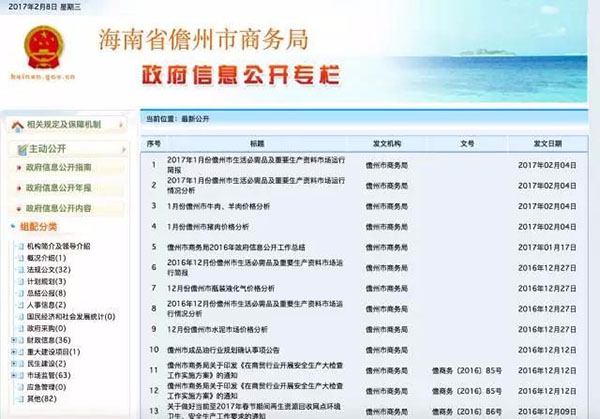 海南儋州市商务局网站页面。
